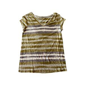 Ann Taylor Loft Green & Gray Striped V-Neck Short Sleeve Womens Top S